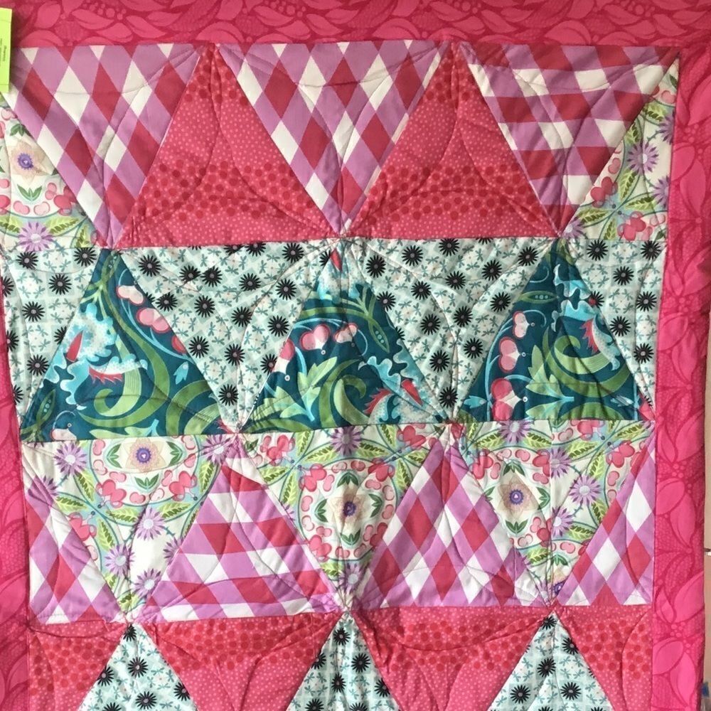 Hand Crafted Pink, Green, Teal & White Patchwork Quilt